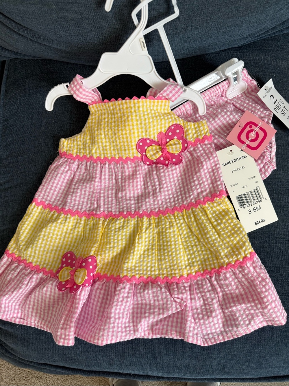 Rare Editions Yellow & Pink Gingham Tiered Sundress with Butterfly Appliqués